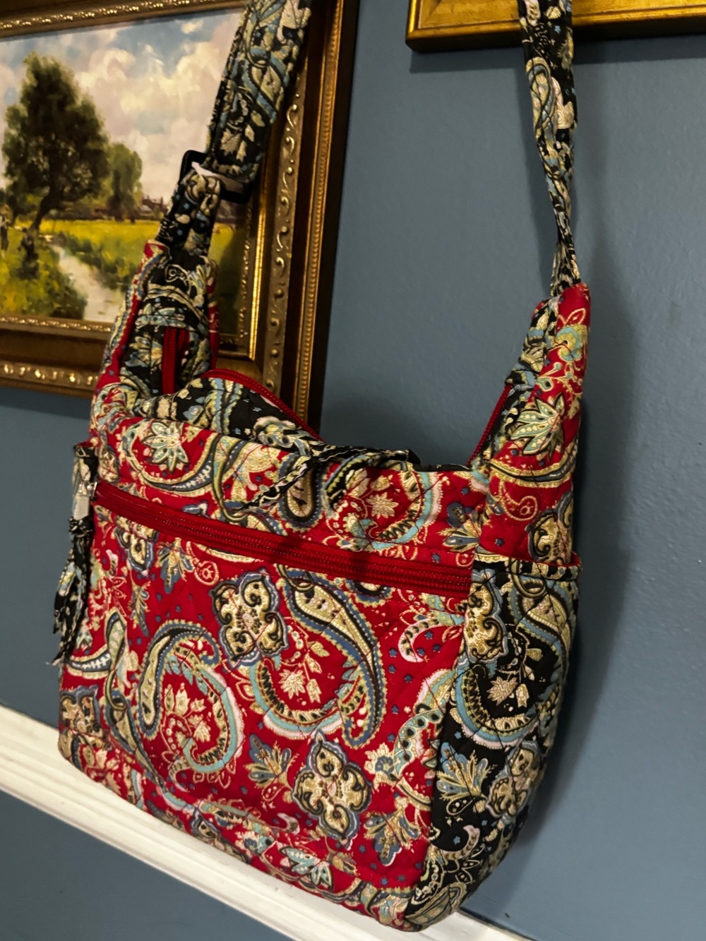Lily Waters Quilted Paisley Crossbody Bag Red Blue Adjustable Strap Cottagecore